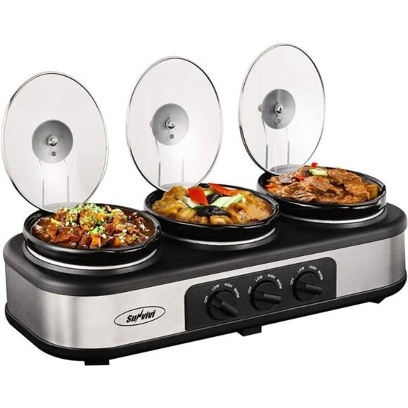 Slow Cooker, Triple Slow Cooker Buffet Server 3 Pot Food Warmer, 3-Section - Picture 1 of 6
